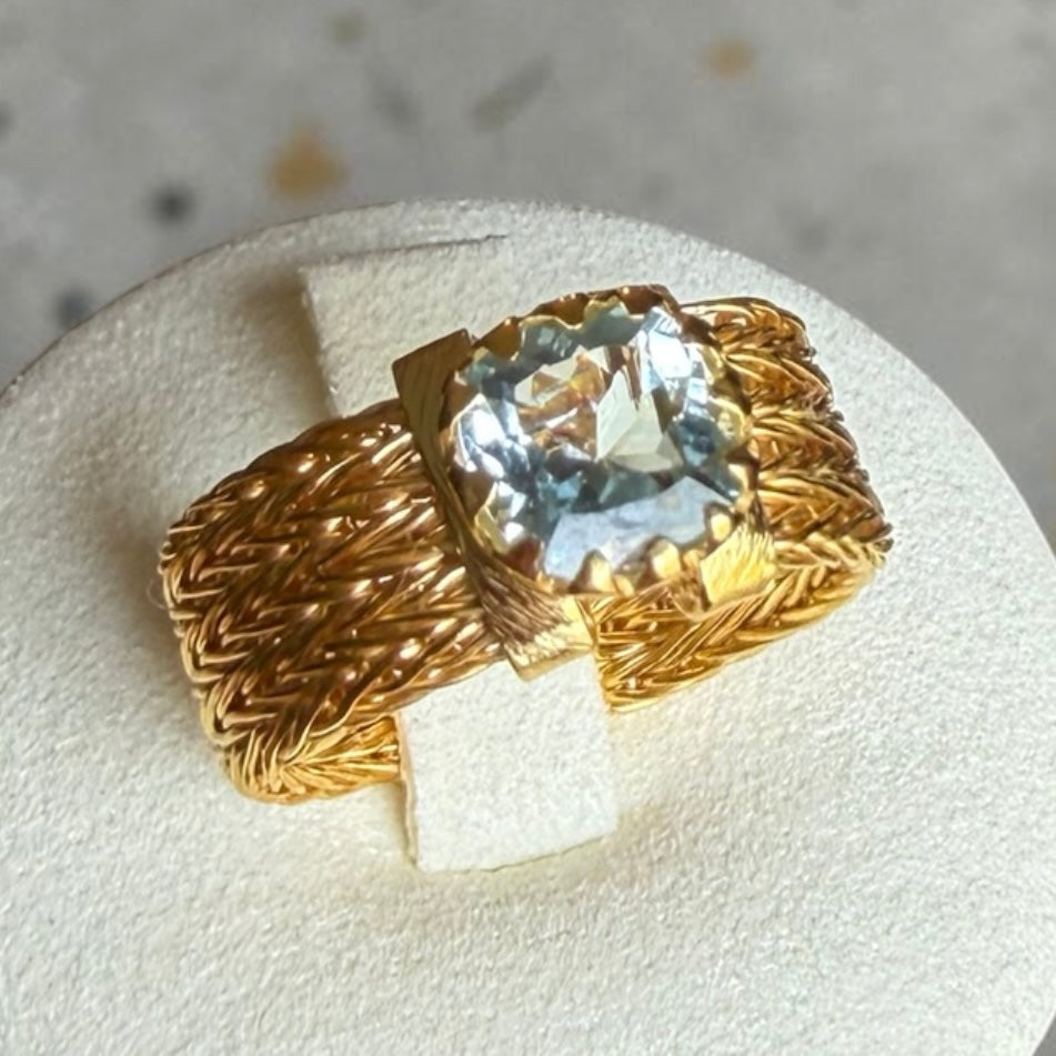 Aquamarine Statement Ring – Handmade Woven Chain 18K Gold Plated Sterling Silver