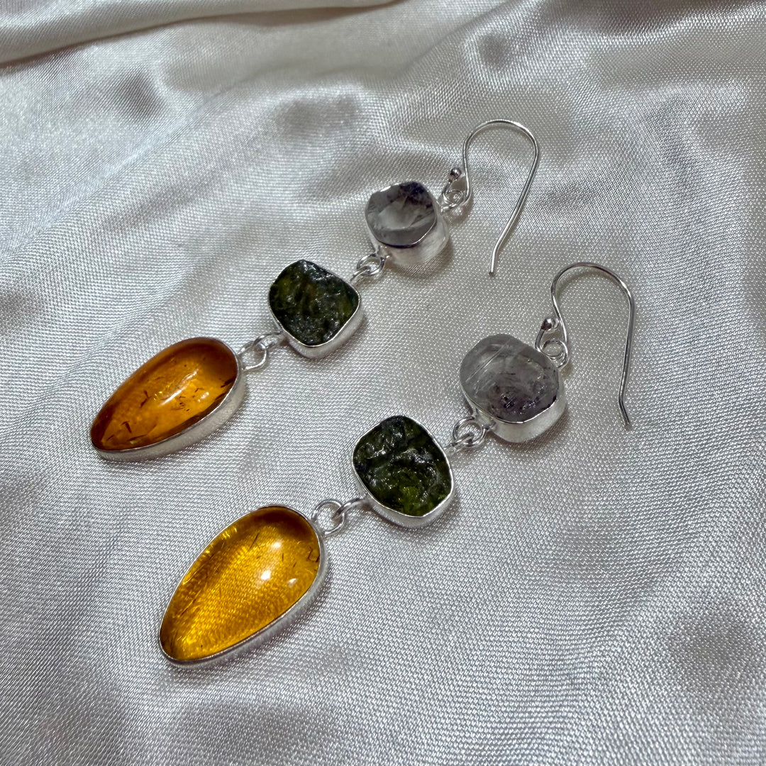 Three-Tier Crystal Earrings | Quartz, Peridot & Amber | Sterling Silver