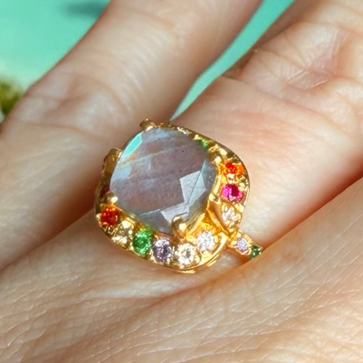 One-of-a-Kind Labradorite Treasure Box Ring – Gold Multicolour Gemstone Statement Ring