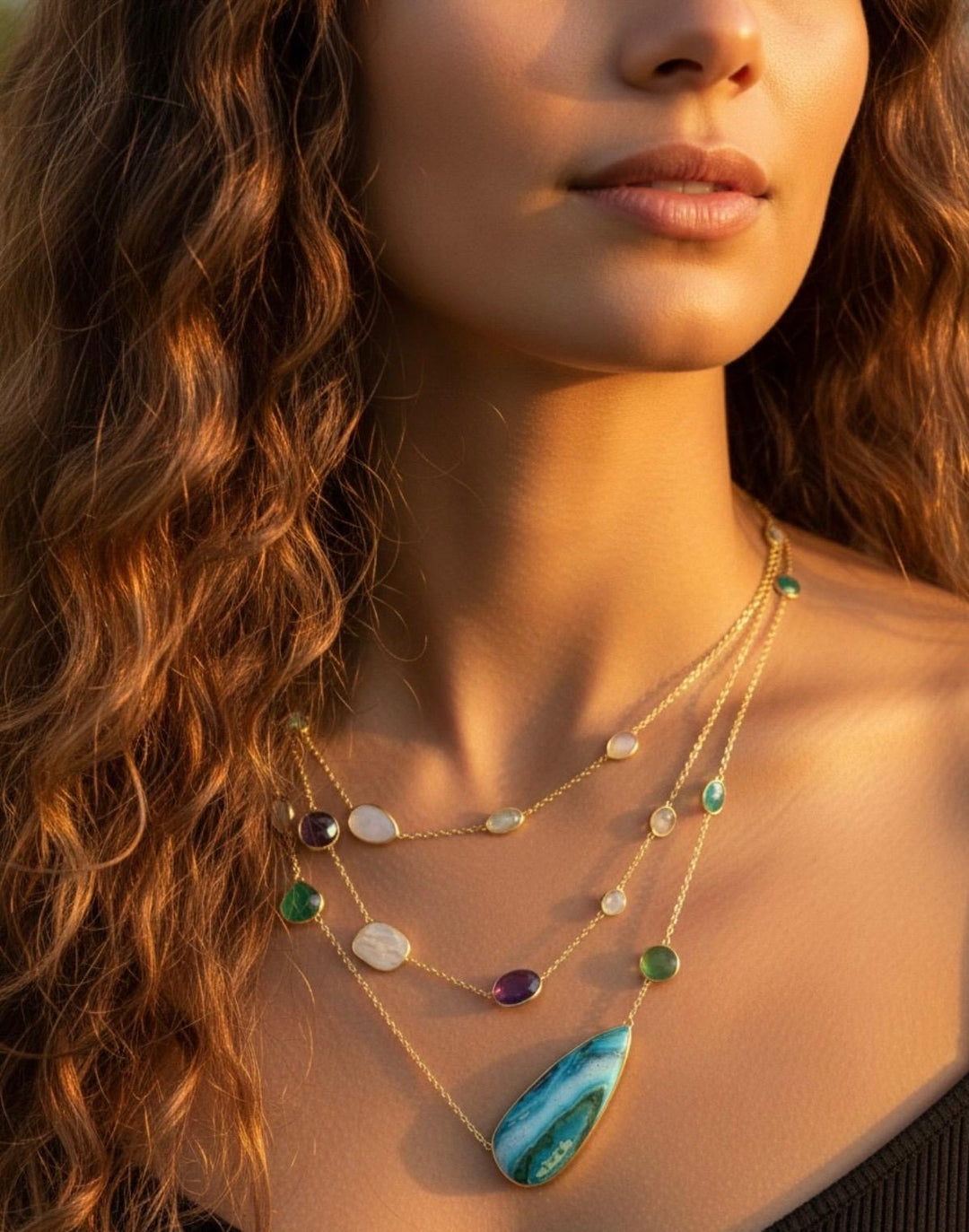 One-of-a-Kind Zarif Cascading Chrysocolla Necklace – 18K Gold Plated Sterling Silver