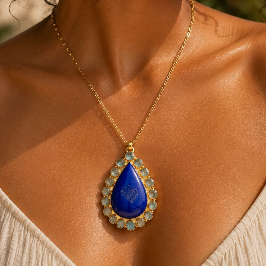 Solar Bloom Pendant – Deep Ocean Blue Agate Druzy & Natural Raw Aquamarine