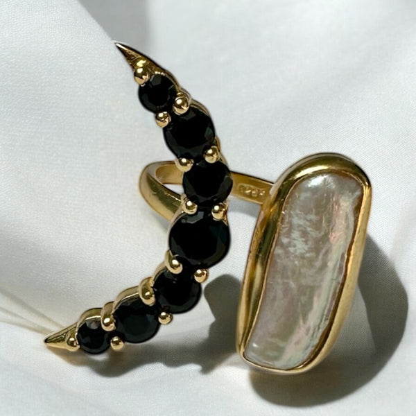 Lunar Veil black Obsidian and Fresh Water Pearl Ring