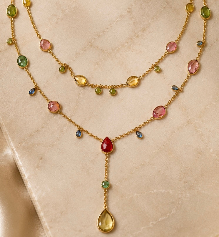 Zarif Mixed Tourmaline, Ruby, Garnet & Yellow Topaz Two-Layer Necklace