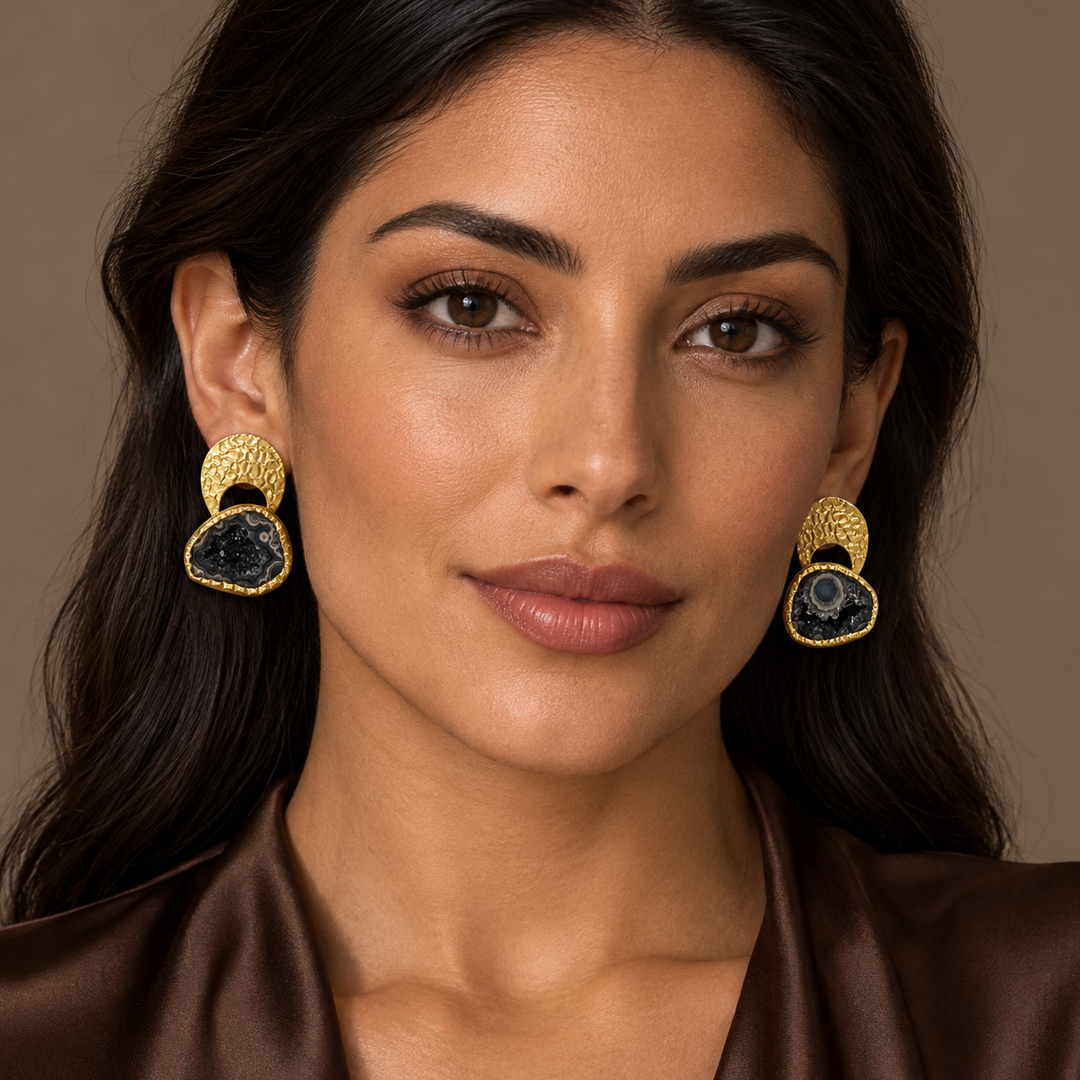 Byzantine Gold Hammered Agate Druzy Earrings