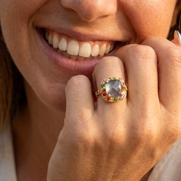 One-of-a-Kind Labradorite Treasure Box Ring – Gold Multicolour Gemstone Statement Ring