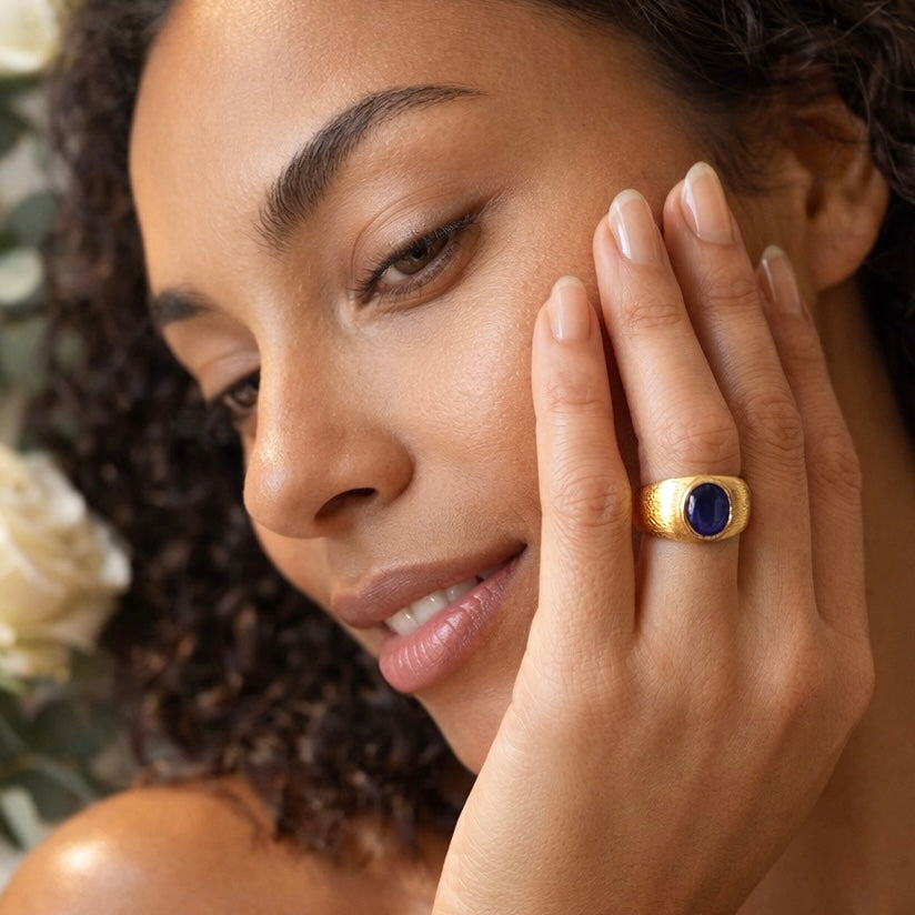 Blue Sapphire Gold Ring Textured Band, 18k Gold Plated Sterling Silver