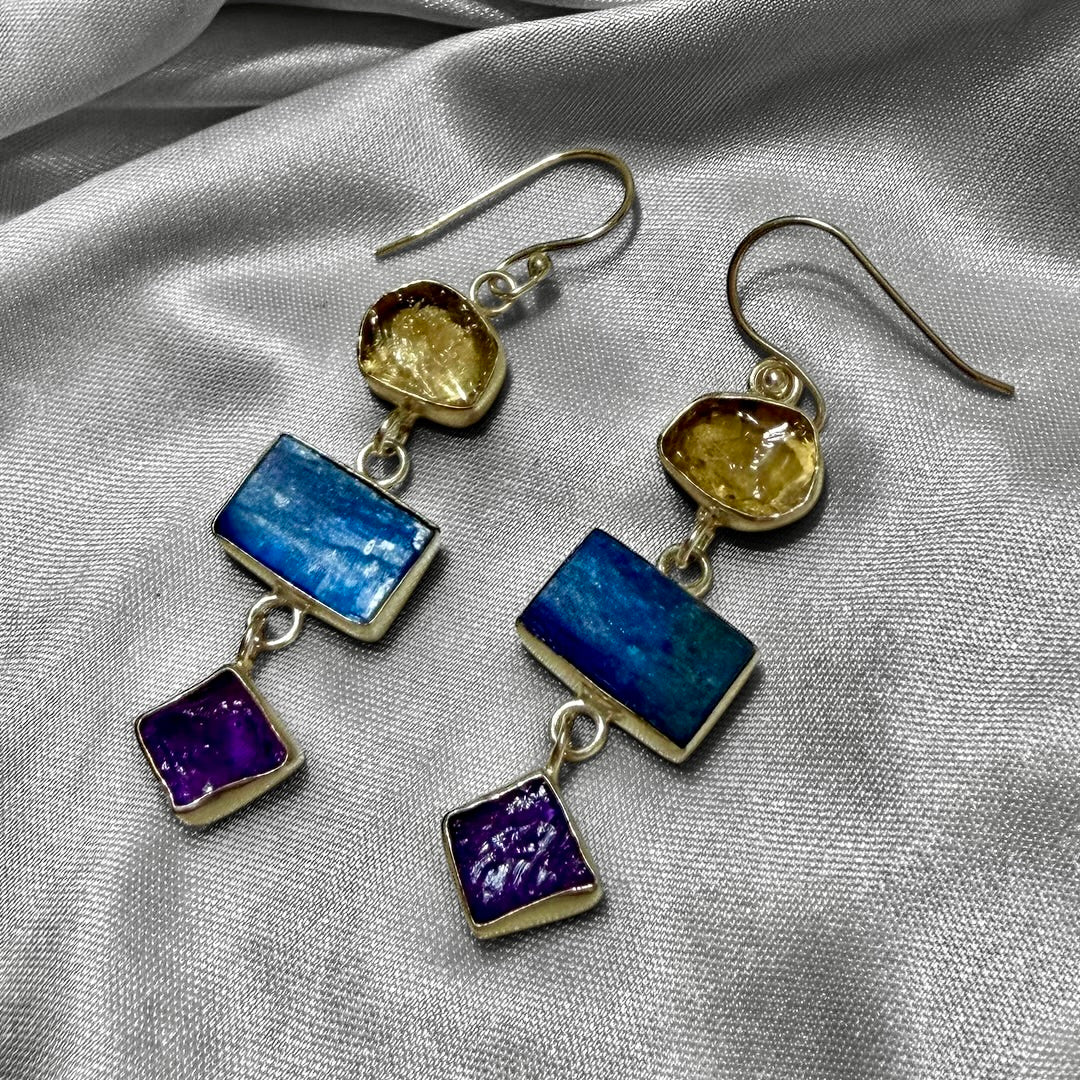 Three Tier Crystal/ Silver & Gold  Plated Earrings Citrine, Kyanite & Amethyst