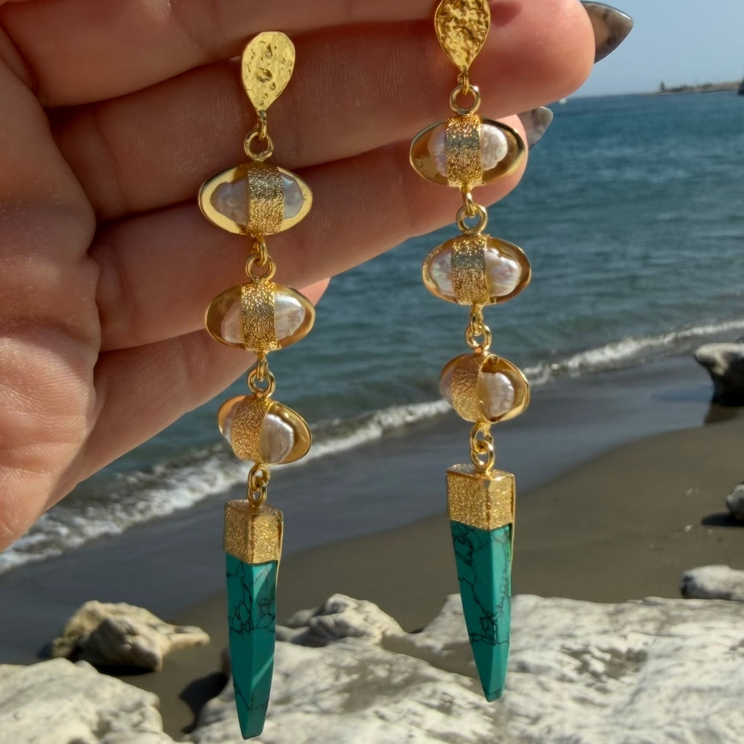 Ocean Priestess Earrings – Freshwater Pearl & Turquoise Drop Earrings
