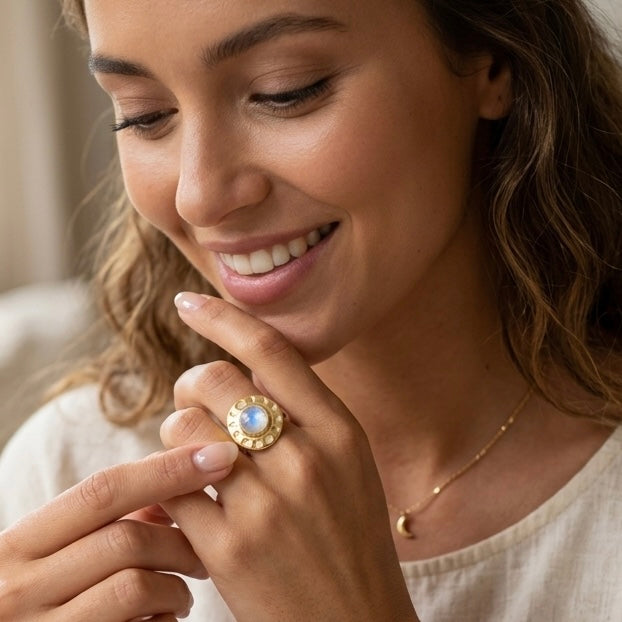 Moon Phase Moonstone Ring – 925 Sterling Silver with 18K Gold