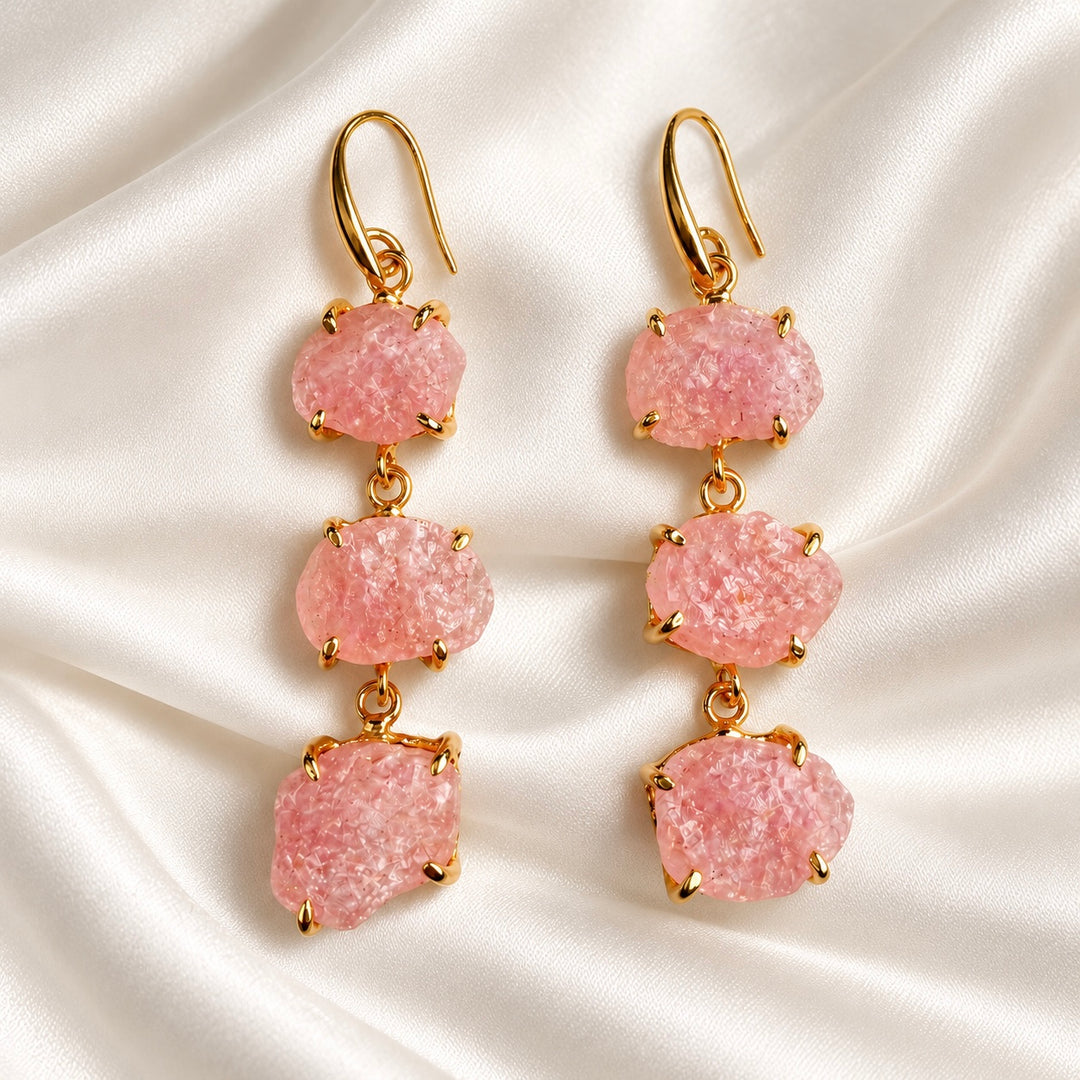 Three Tier Raw Crystal Drop Earrings Rose Quartz.