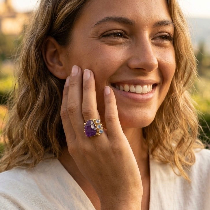 One-of-a-Kind Amethyst & Labradorite Statement Ring – Handmade 18K Gold Plated Sterling Silver