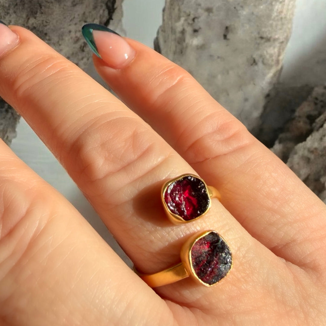 Garnet Wrap Ring – Adjustable Sterling Silver, 18k Gold