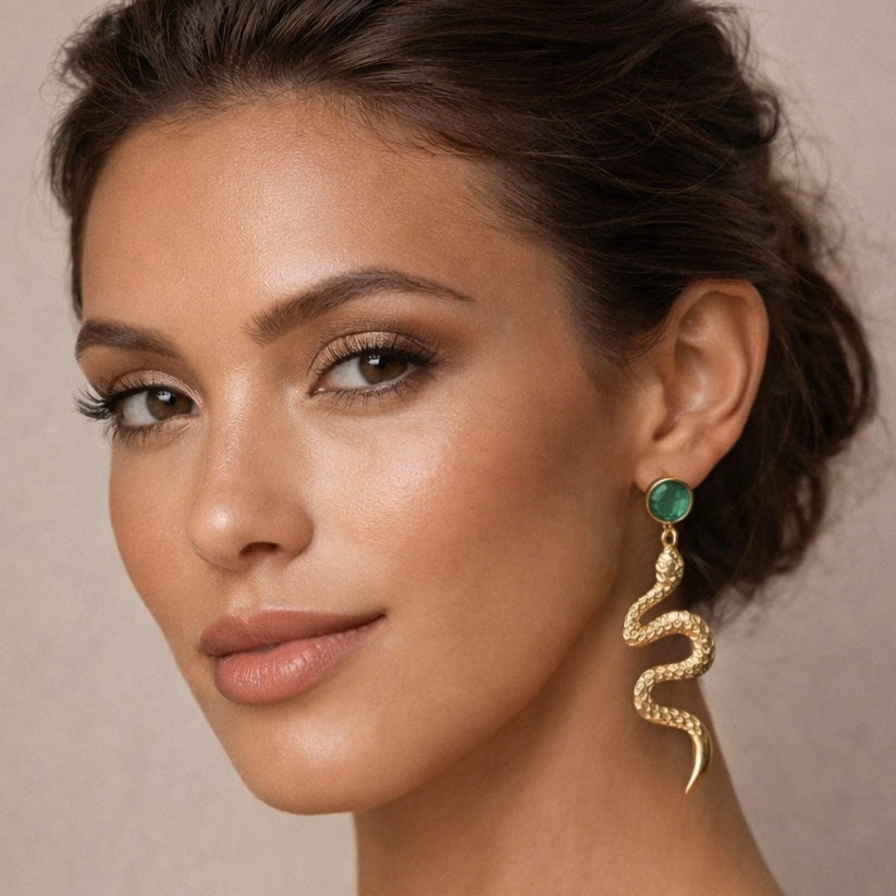 Serpent of Gaia Earrings – Emerald Crystal & Golden Snake Drop