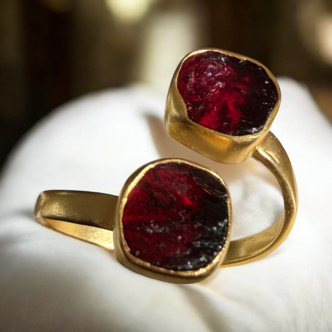 Garnet Wrap Ring – Adjustable Sterling Silver, 18k Gold
