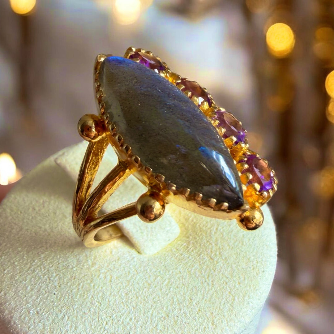 Exquisite Labradorite & Amethyst Ring  18k Gold Plated 925 Sterling Silver  Premium Gemstone Jewellry