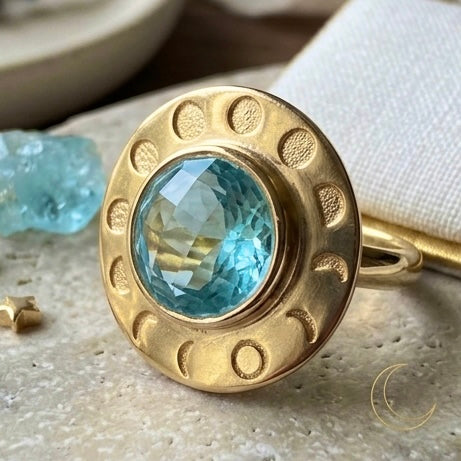 Moon Phase Aquamarine Ring – 925 Sterling Silver with 18K Gold