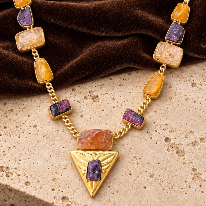 Pyramidia Orange Calcite, Citrine And Ruby in Fuschite Necklace