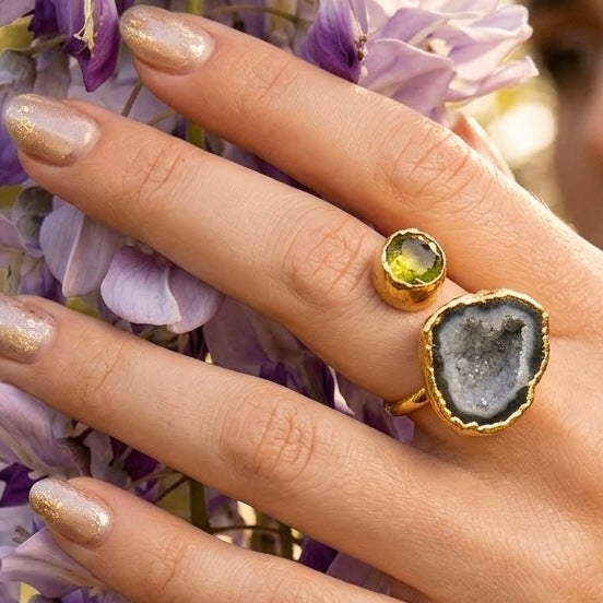 Eclipse & Earth Agate Druzy & Peridot Wrap Ring
