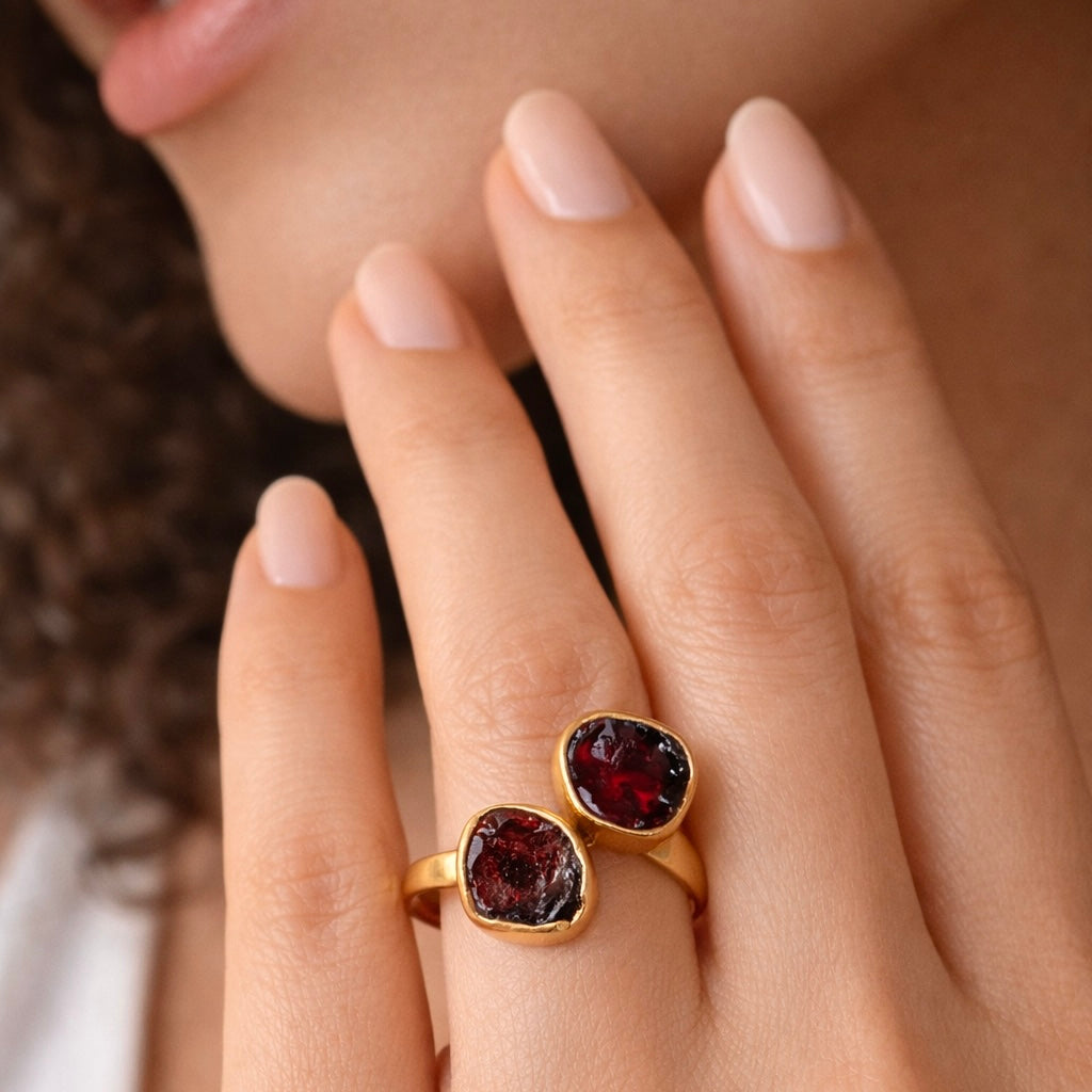 Garnet Wrap Ring – Adjustable Sterling Silver, 18k Gold