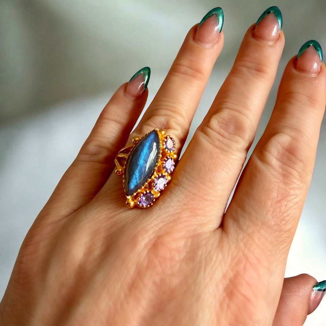 Exquisite Labradorite & Amethyst Ring  18k Gold Plated 925 Sterling Silver  Premium Gemstone Jewellry