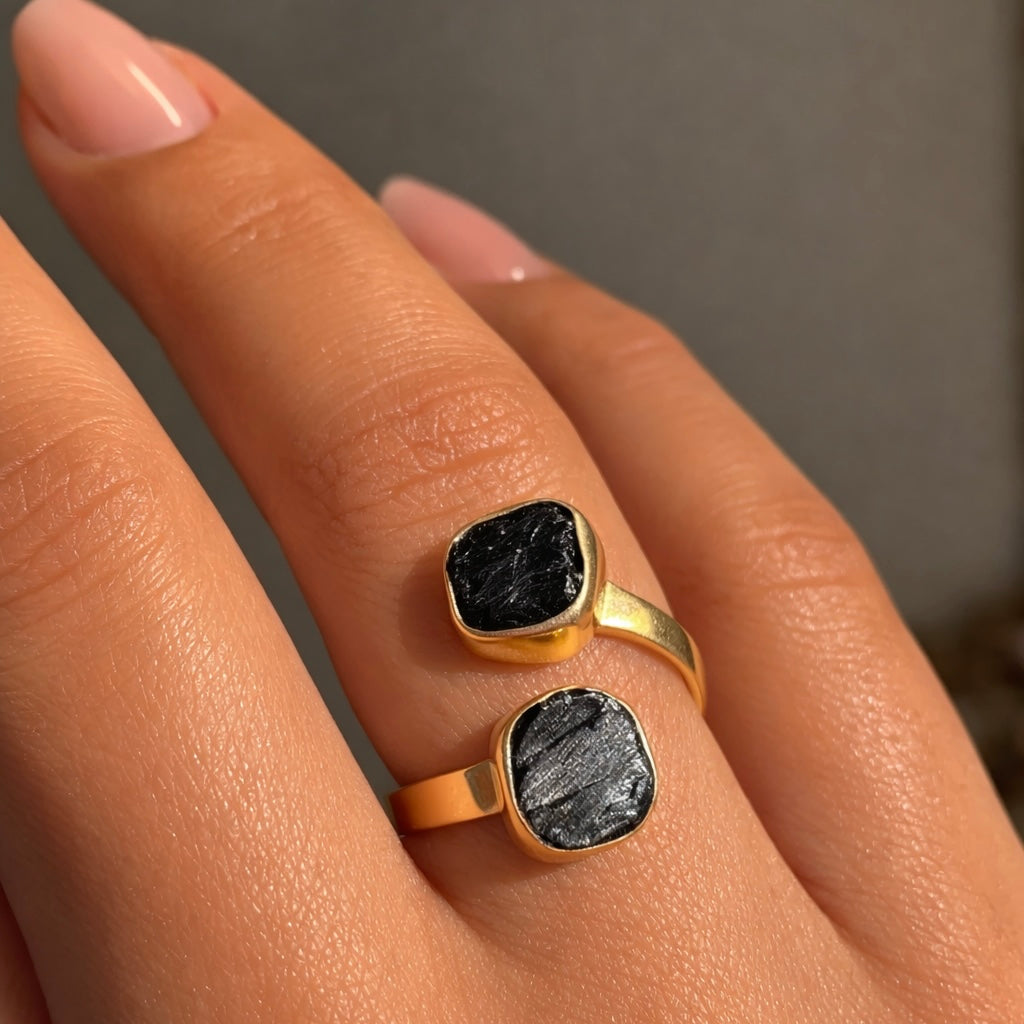 Double Black Tourmaline 18k Gold Wrap Ring