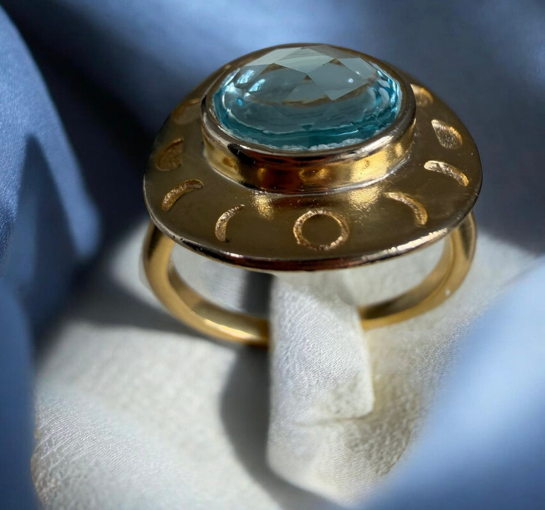 Moon Phase Aquamarine Ring – 925 Sterling Silver with 18K Gold
