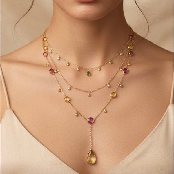 Luxury Multi-Layer Tourmaline Necklace – 18ct Gold Plated Sterling Silver | Pink, Green & Yellow Gemstone Necklace