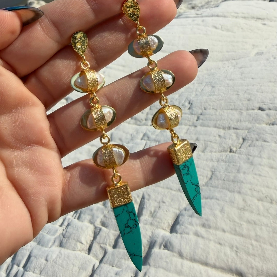 Ocean Priestess Earrings – Freshwater Pearl & Turquoise Drop Earrings