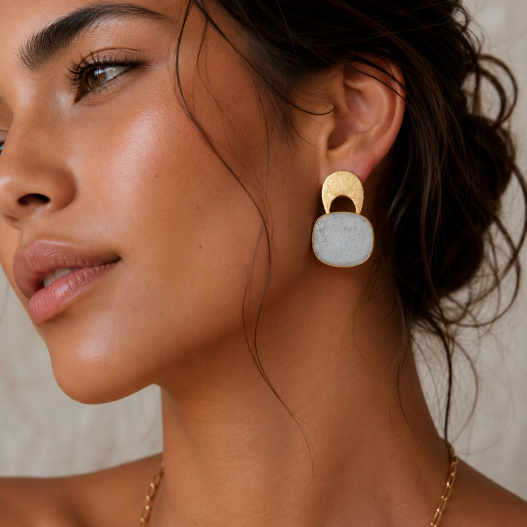 Temple White Agate Druzy Earrings