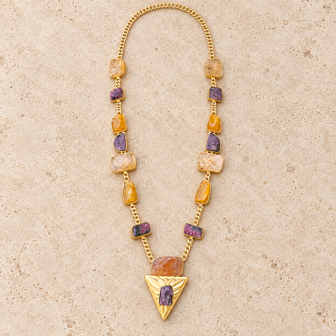 Pyramidia Orange Calcite, Citrine And Ruby in Fuschite Necklace