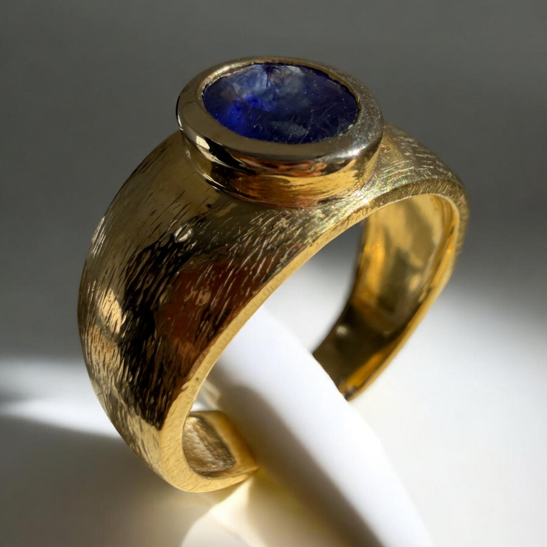 Blue Sapphire Gold Ring Textured Band, 18k Gold Plated Sterling Silver