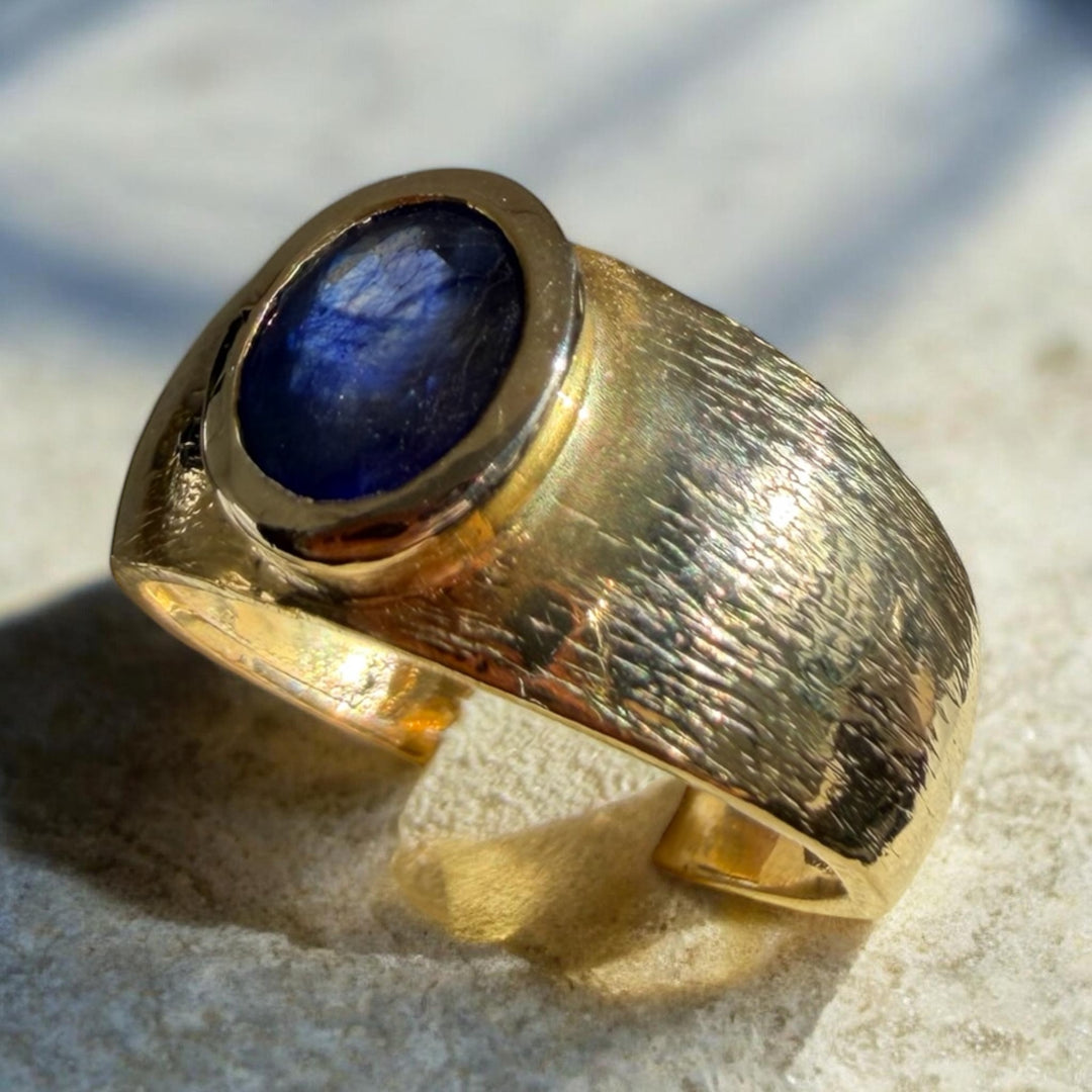 Blue Sapphire Gold Ring Textured Band, 18k Gold Plated Sterling Silver