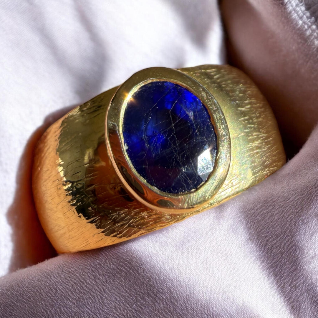 Blue Sapphire Gold Ring Textured Band, 18k Gold Plated Sterling Silver