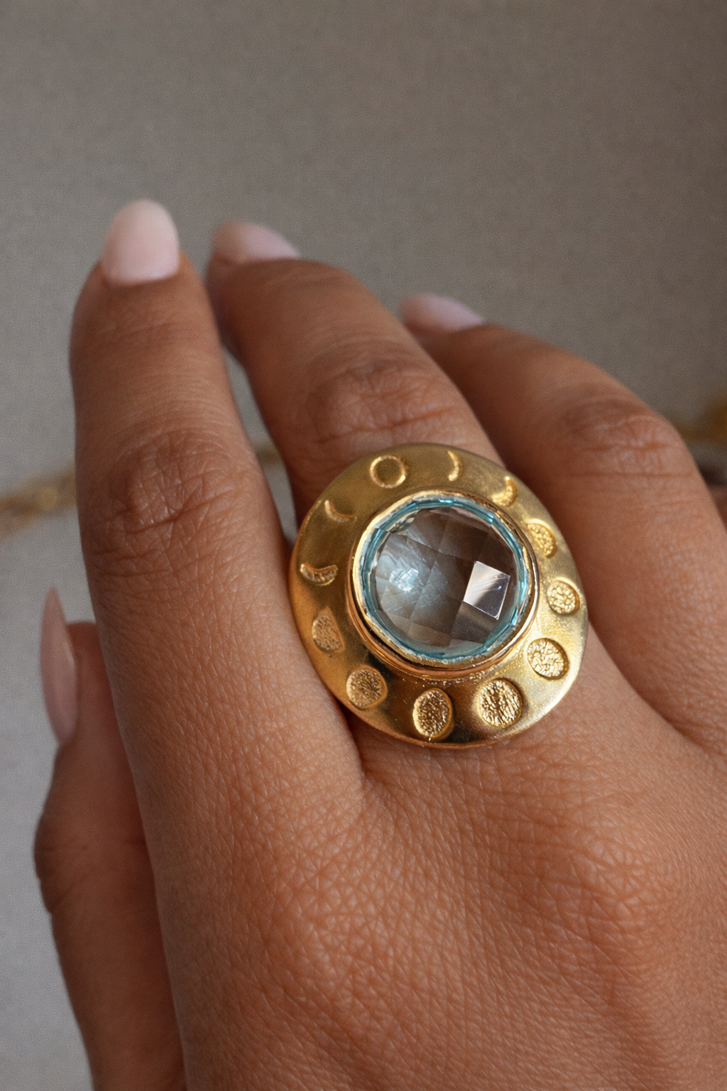 Moon Phase Aquamarine Ring – 925 Sterling Silver with 18K Gold