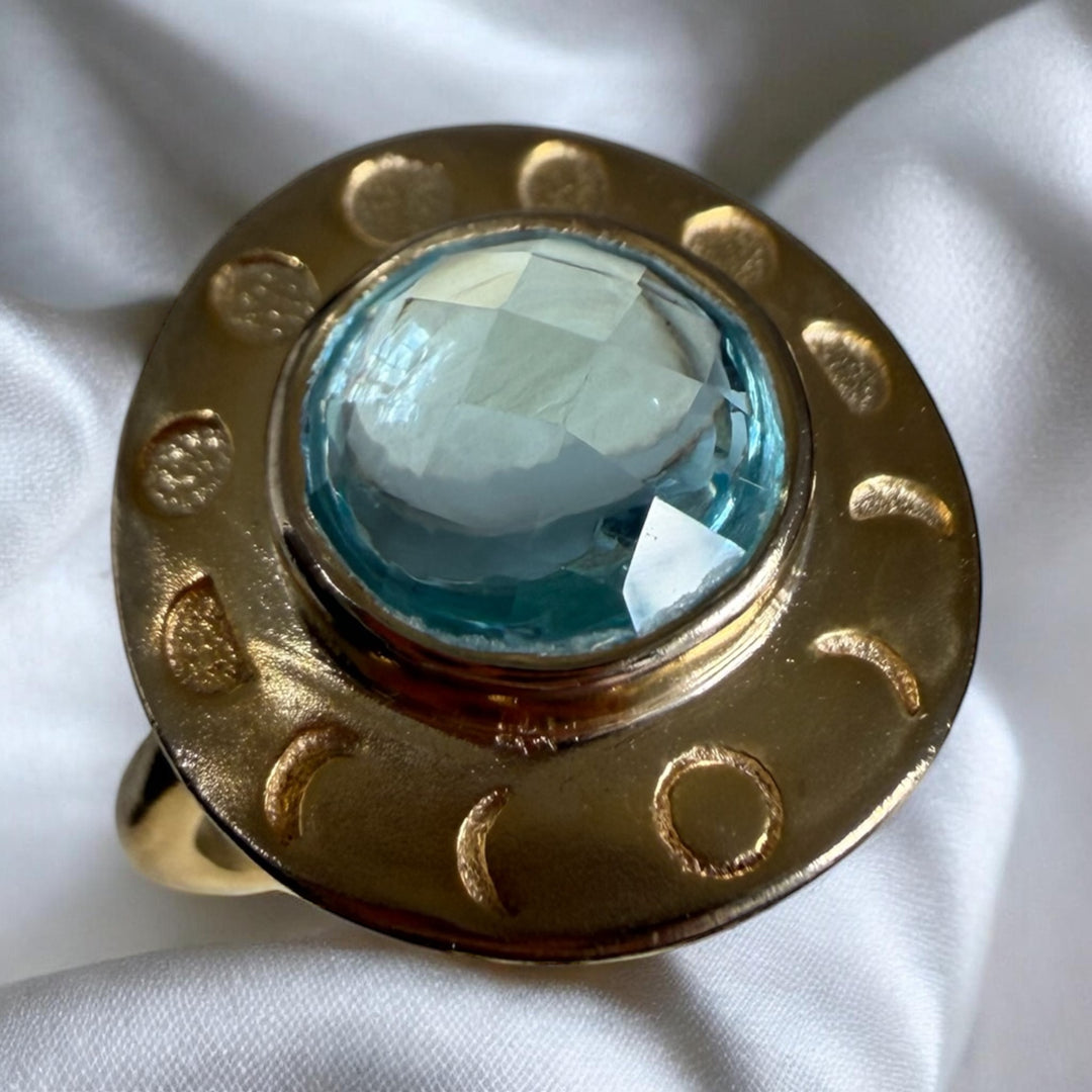 Moon Phase Aquamarine Ring – 925 Sterling Silver with 18K Gold