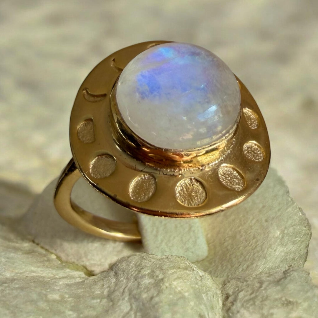 Moon Phase Moonstone Ring – 925 Sterling Silver with 18K Gold