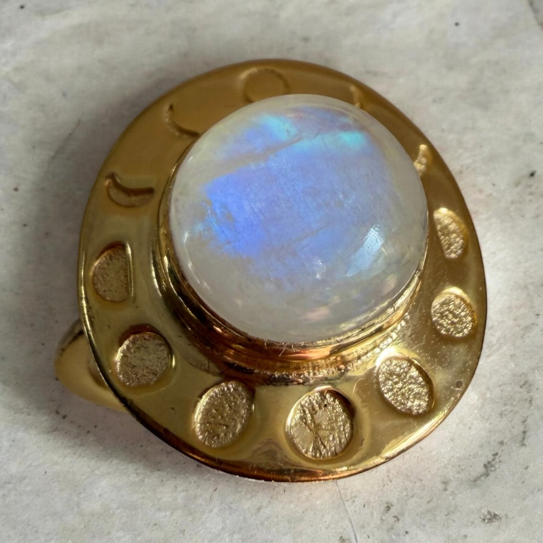 Moon Phase Moonstone Ring – 925 Sterling Silver with 18K Gold