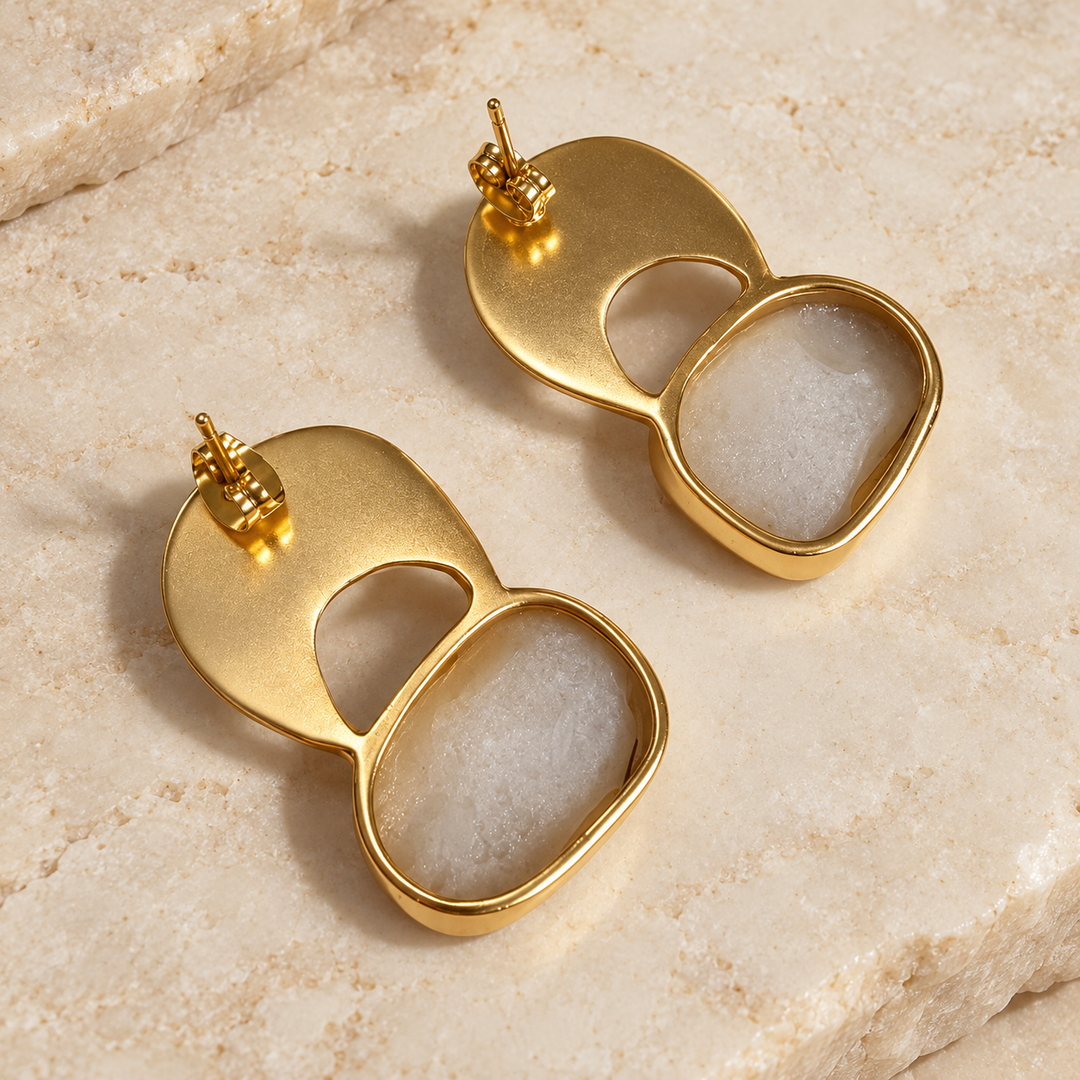 Byzantine Gold Hammered Agate Druzy Earrings | White Agate