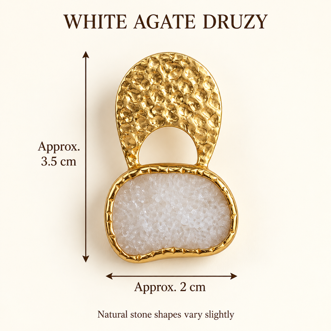Byzantine Gold Hammered Agate Druzy Earrings | White Agate