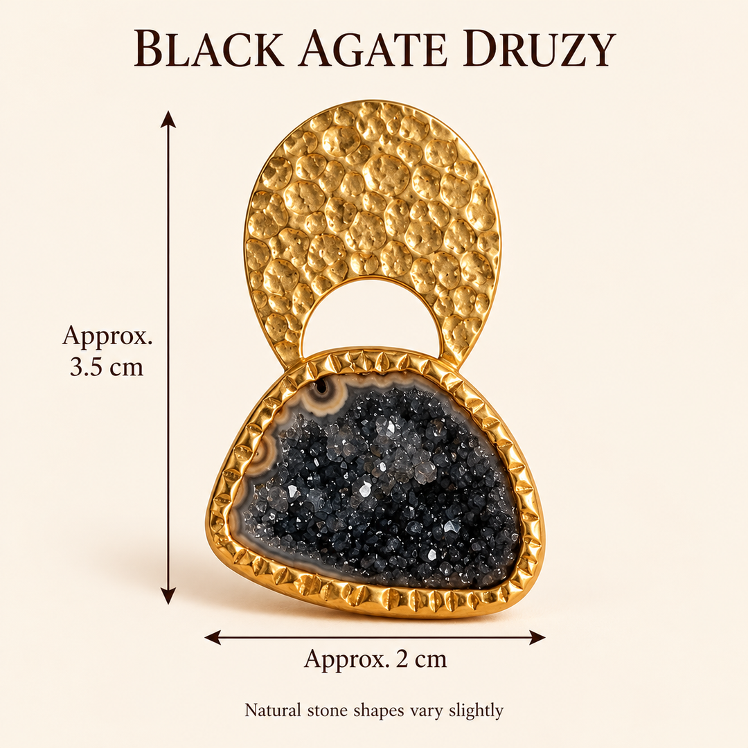 Byzantine Gold Hammered Agate Druzy Earrings | Black Agate