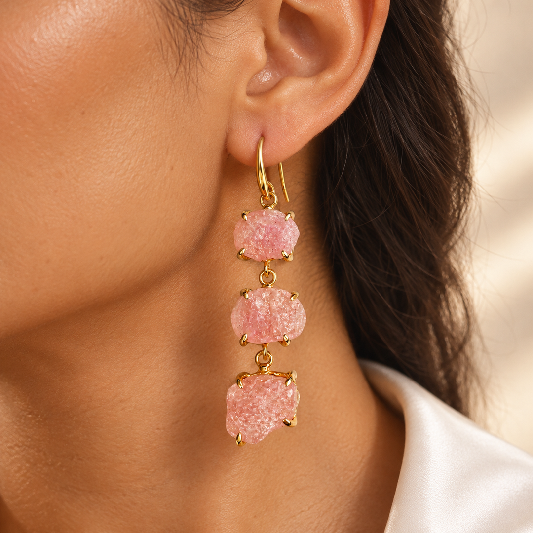 Three Tier Raw Crystal Drop Earrings Rose Quartz.