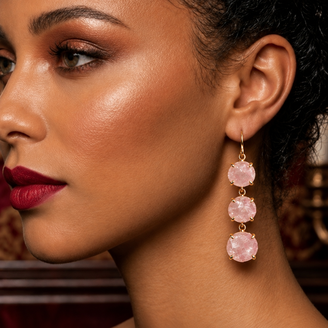 Three Tier Raw Crystal Drop Earrings Rose Quartz.