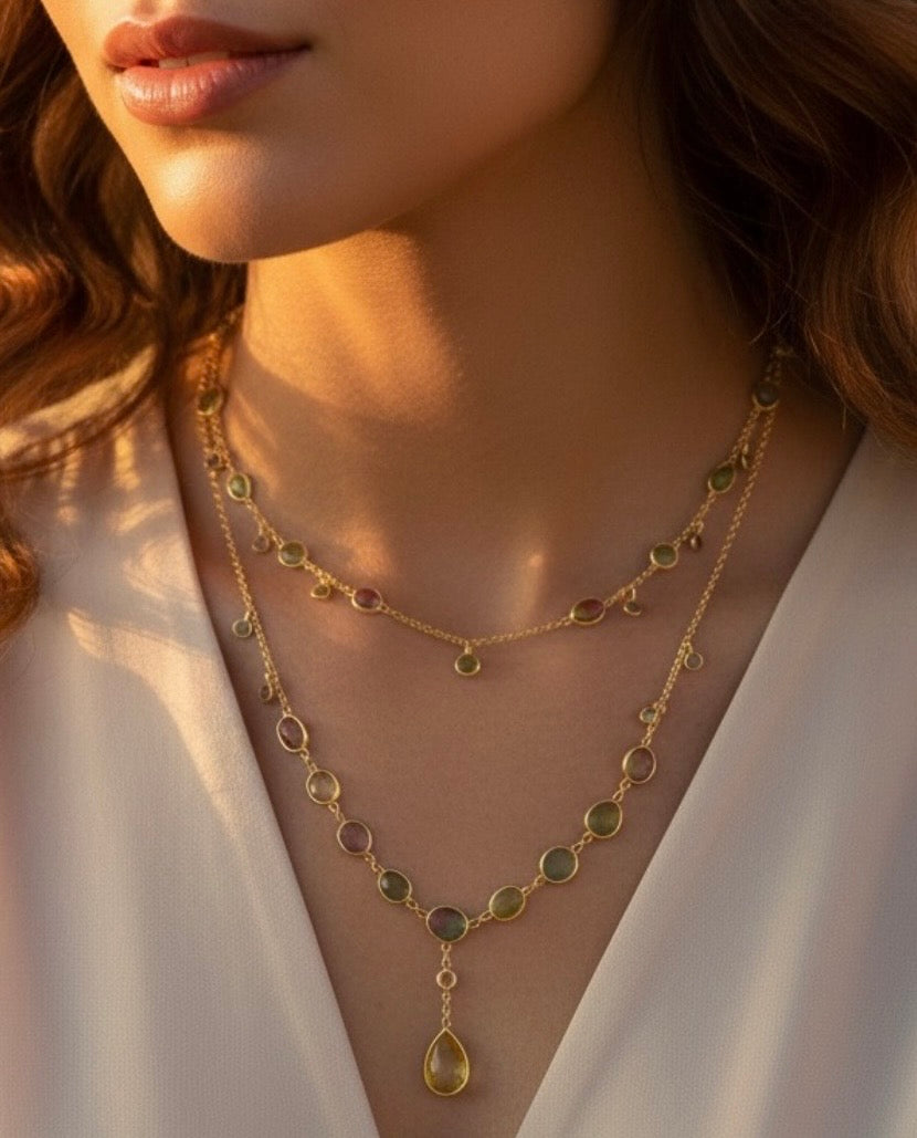 Watermelon Tourmaline & Yellow Topaz Layered Necklace in 18K Gold Plated Sterling Silver