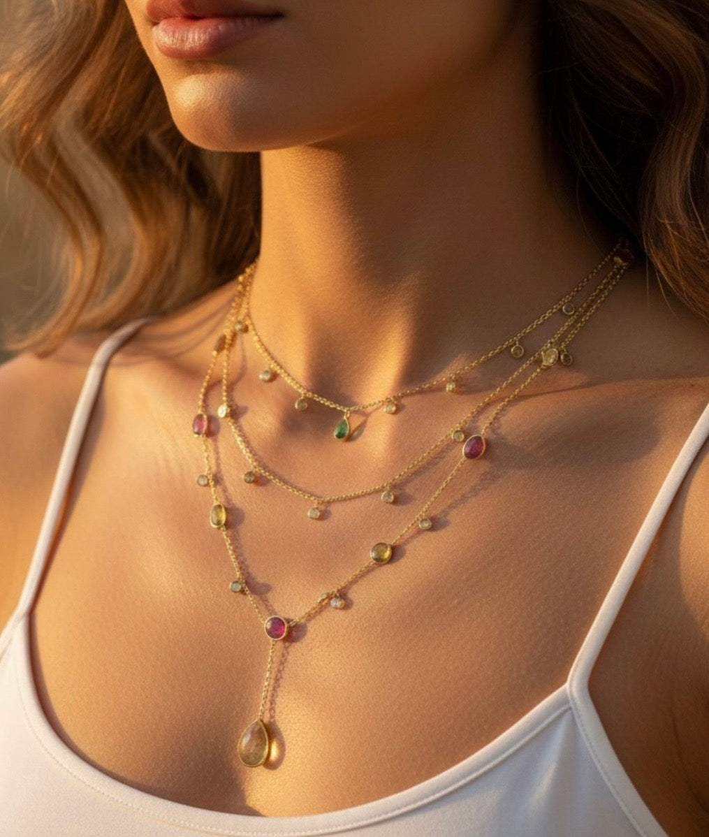 Luxury Multi-Layer Tourmaline Necklace – 18ct Gold Plated Sterling Silver | Pink, Green & Yellow Gemstone Necklace