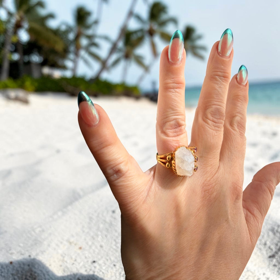 One-of-a-Kind Natural Rough Moonstone & Amethyst Statement Ring – 18K Gold Plated Sterling Silver
