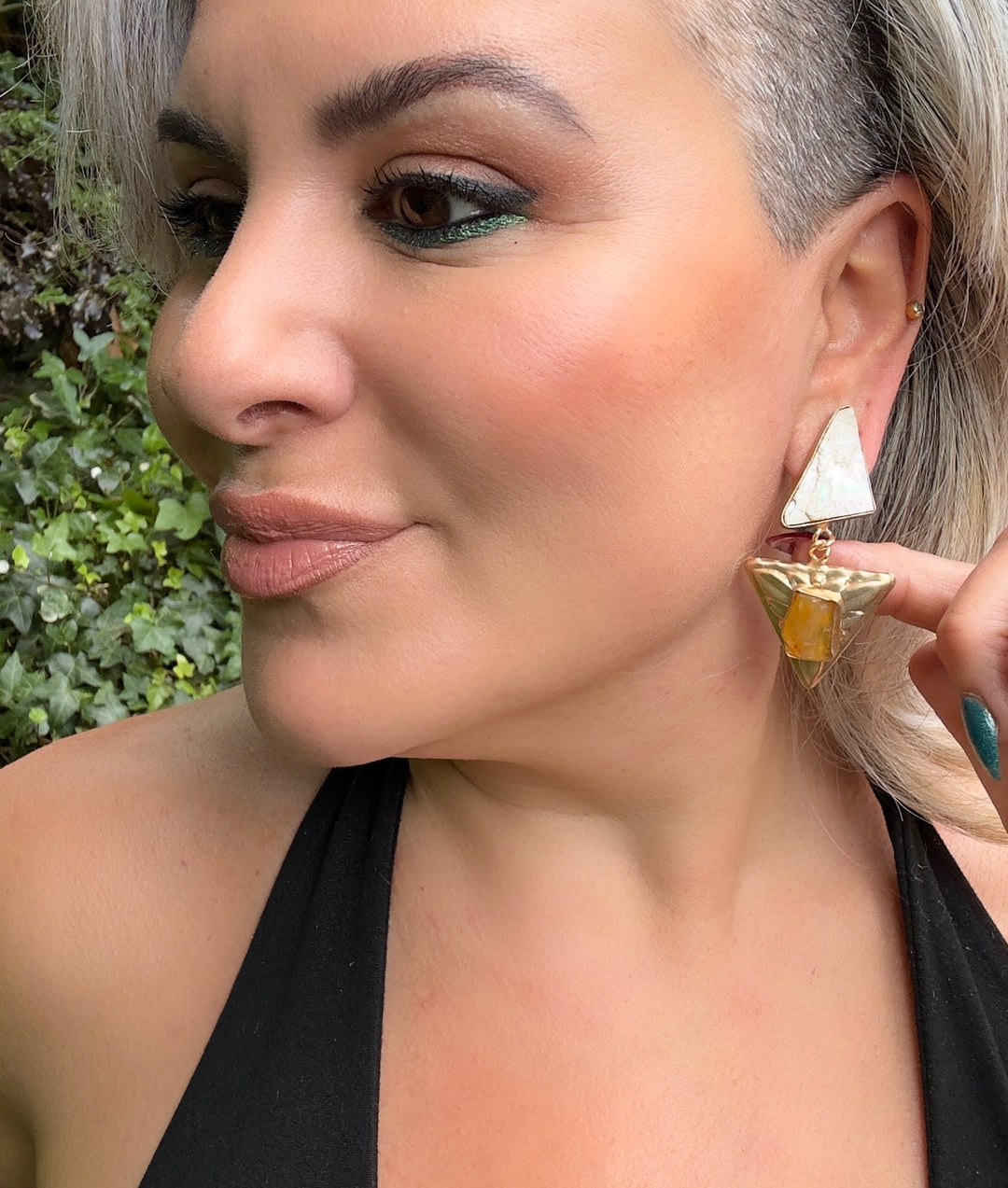 Pyramidia Citrine, Rose-Qaurtz, Amazonite, Emerald ,Tiger’s Eye Earrings