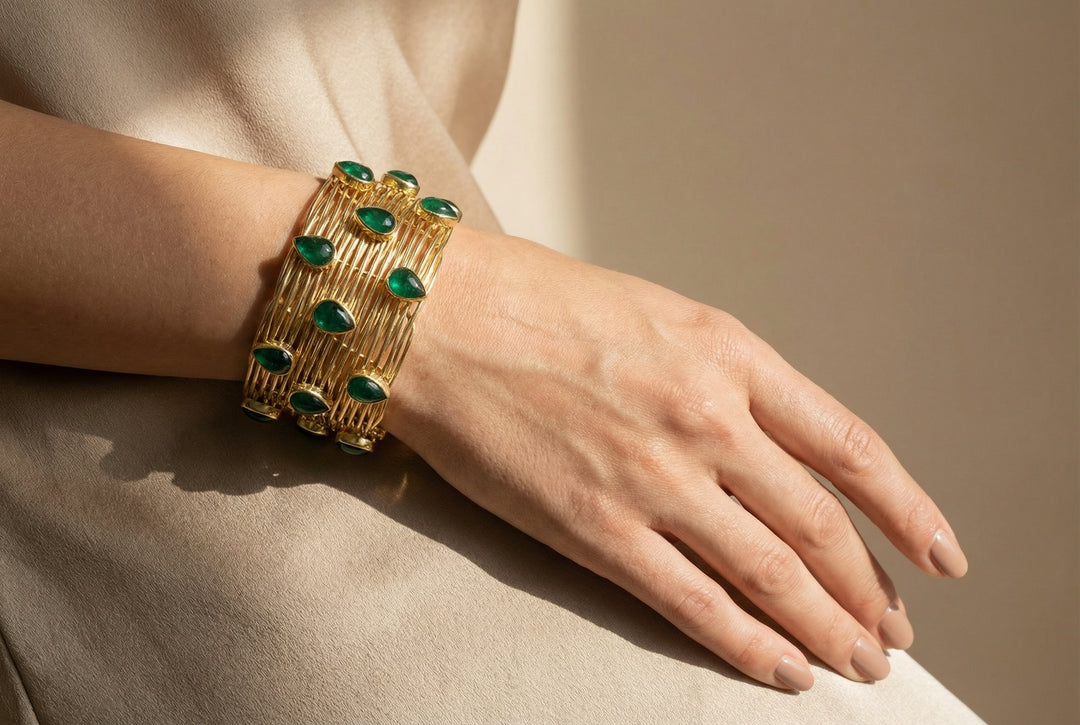 The Verdant Crown Bangle  Emerald-Green Stone