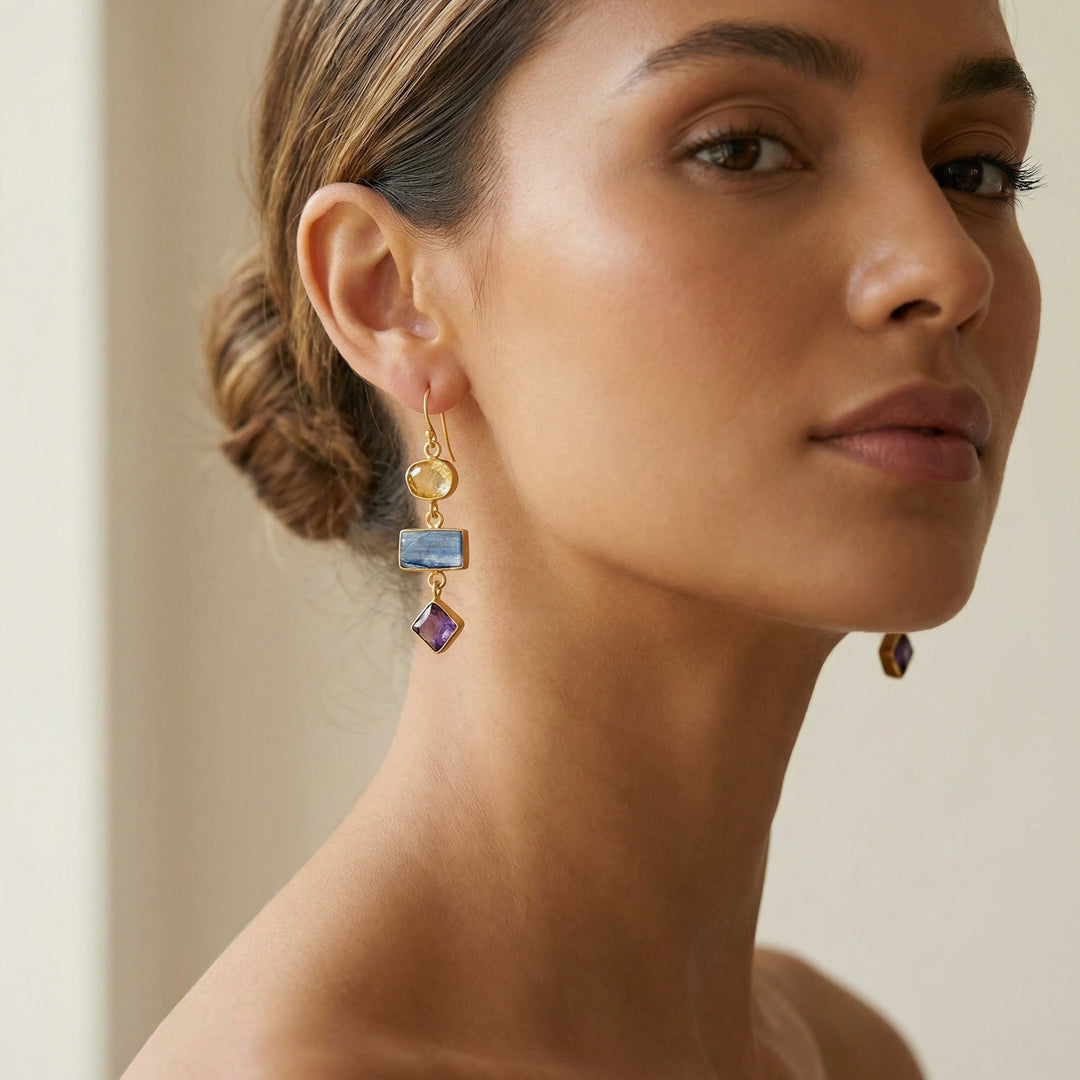 Three Tier Crystal/ Silver & Gold  Plated Earrings Citrine, Kyanite & Amethyst
