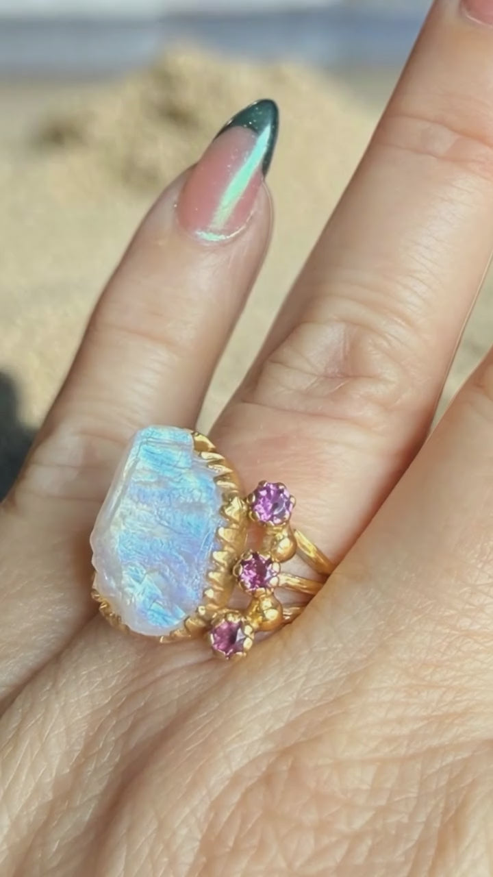 One-of-a-Kind Natural Rough Moonstone & Amethyst Statement Ring – 18K Gold Plated Sterling Silver