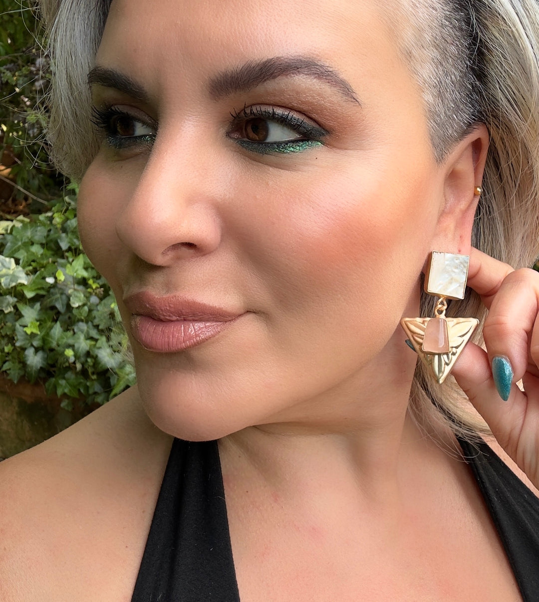 Pyramidia Citrine, Rose-Qaurtz, Amazonite, Emerald ,Tiger’s Eye Earrings